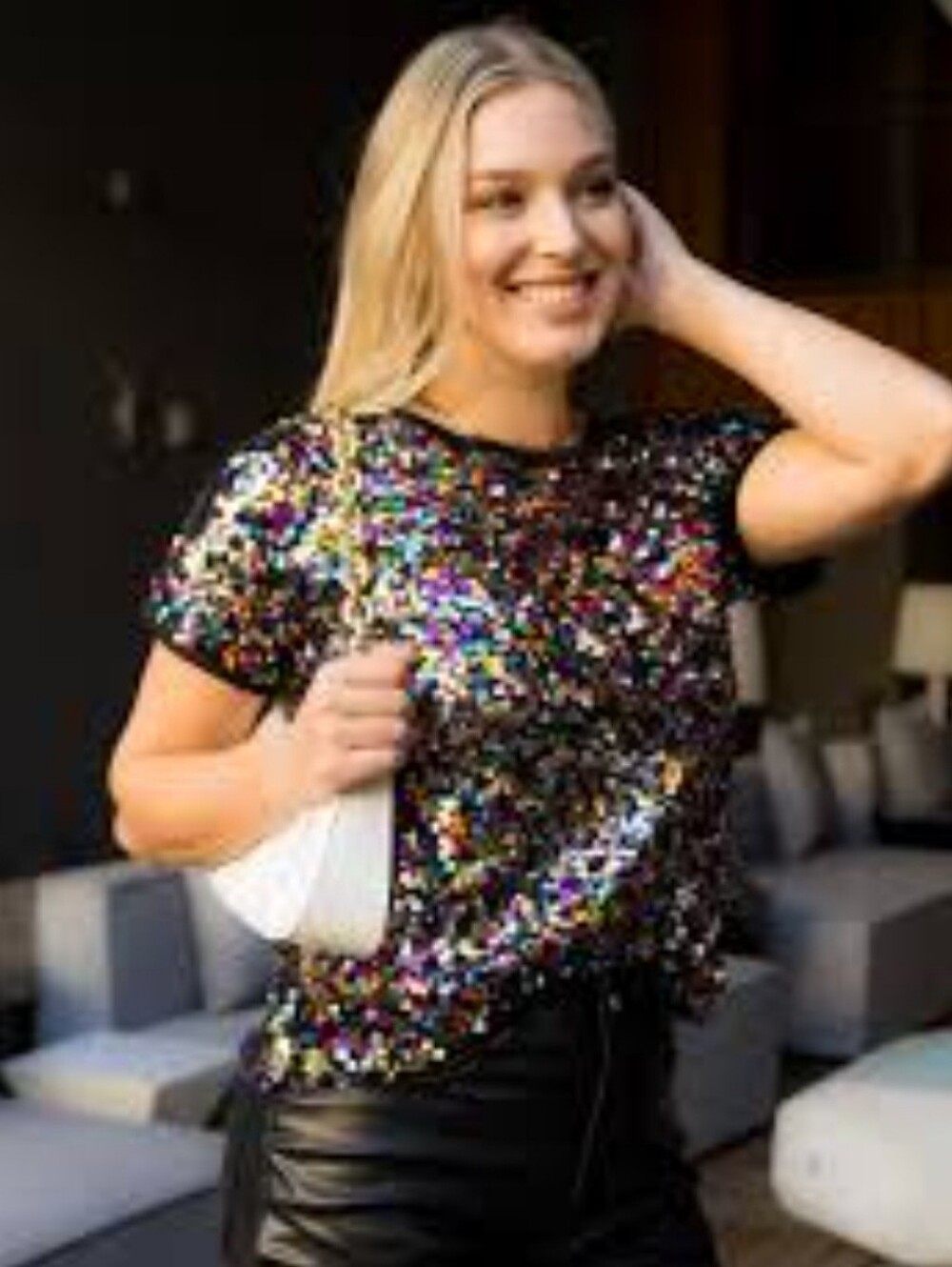 Anna-kaci Sequin Short-Sleeve Crewneck Top